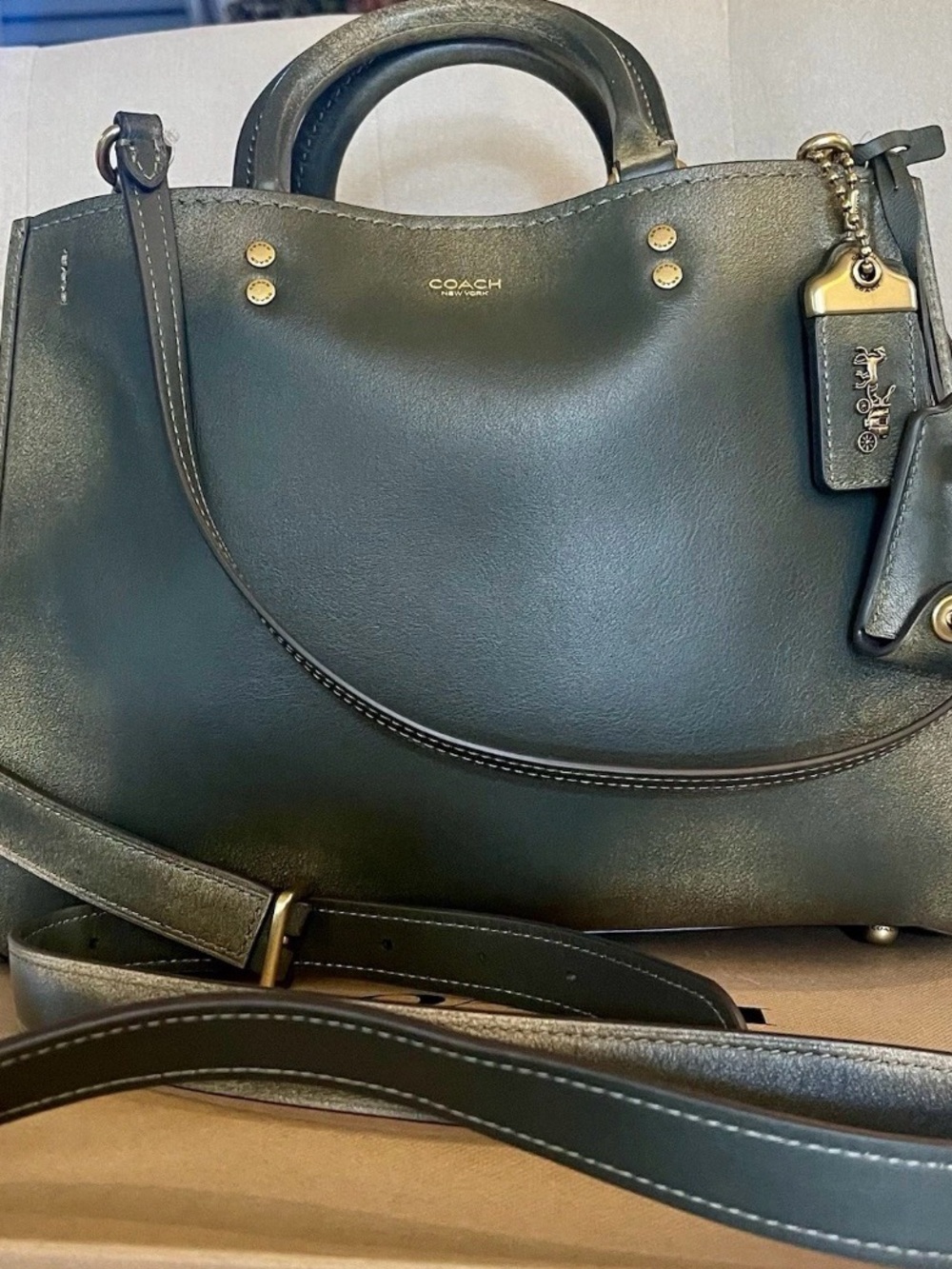 Coach Loved Leather Rogue 31 Brass/Green Rub-Off Soft Full Grain Leather NWT